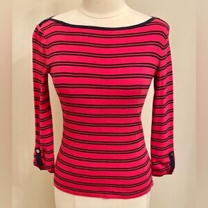 Jones New York Sport Striped Navy Blue Pink 3/4 Sleeves Cotton Preppy Top Size S
